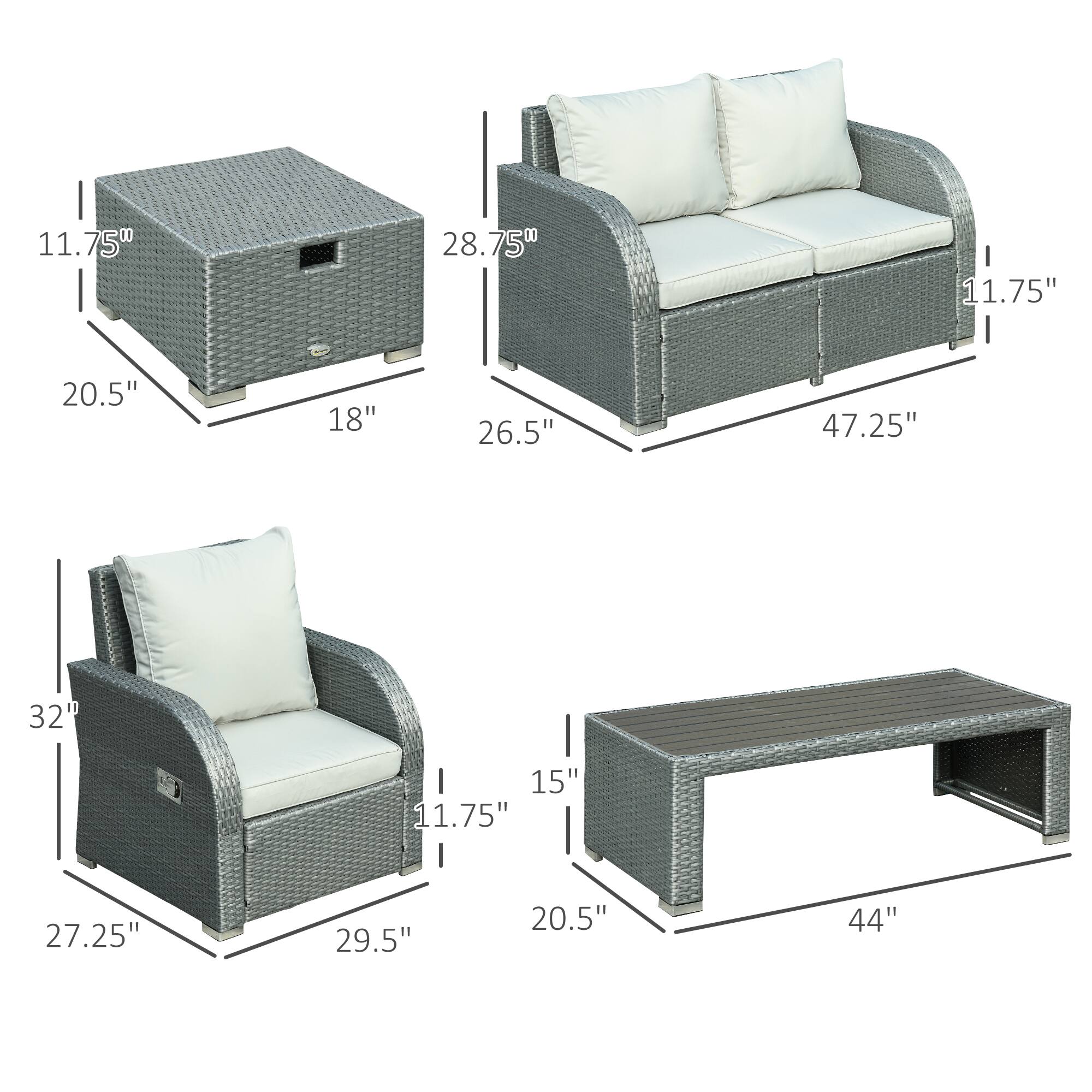 - Coffee Table:
  - Height: 11.75"
  - Width: 28.75"
  - Depth: 20.5"
  - Height: 18"
  - Depth: 26.5"

- Sofa:
  - Height: 11.75"
  - Width: 47.25"
  - Depth: 20.5"

- Armchair:
  - Height: 32"
  - Width: 27.25"
  - Depth: 29.5"
  - Height: 11.75"
  - Depth: 20.5"

- Side Table:
  - Height: 15"
  - Width: 44"