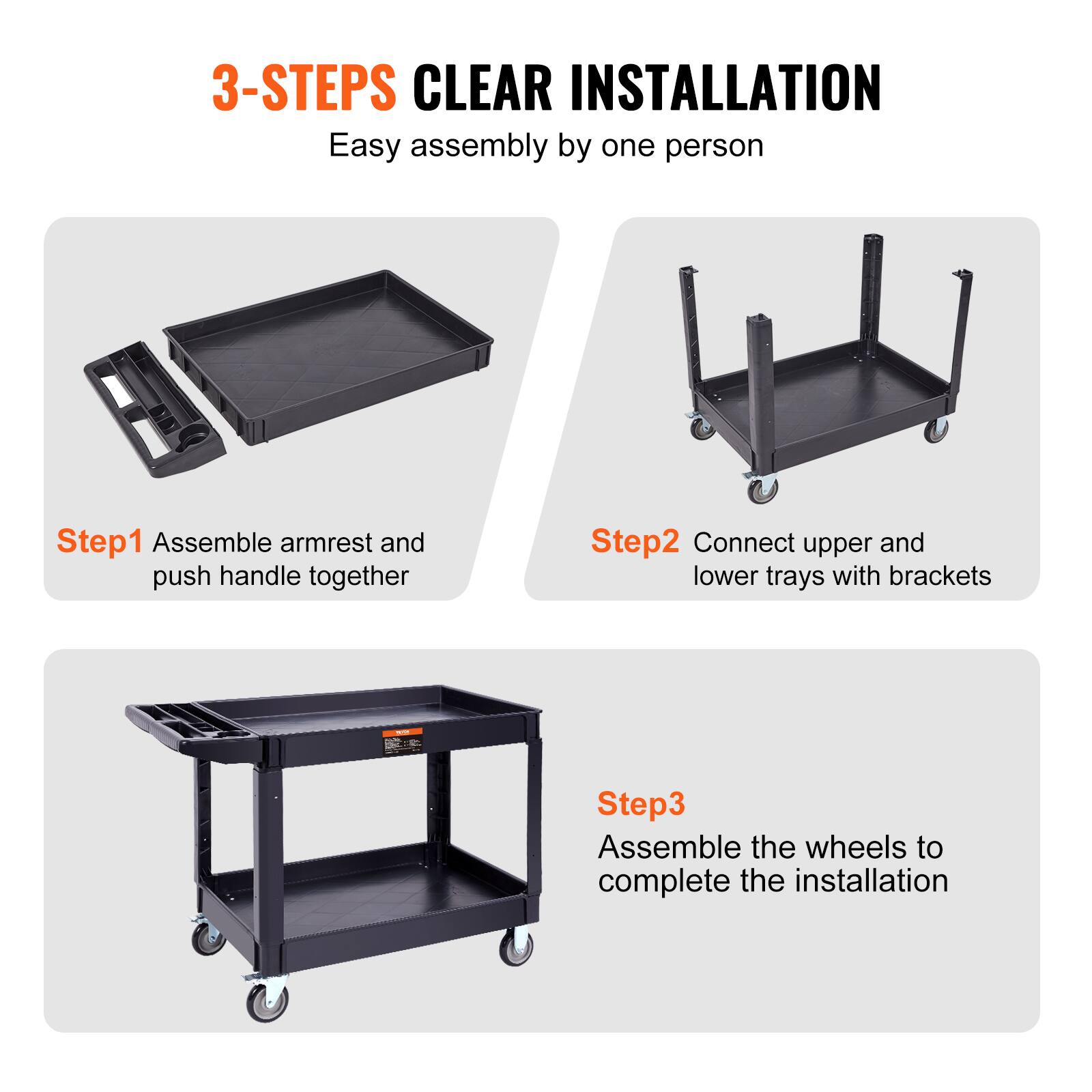3-STEPS CLEAR INSTALLATION
Easy assembly by one person
Step1 Assemble armrest and push handle together
Step2 Connect upper and lower trays with brackets
Step3 Assemble the wheels to complete the installation