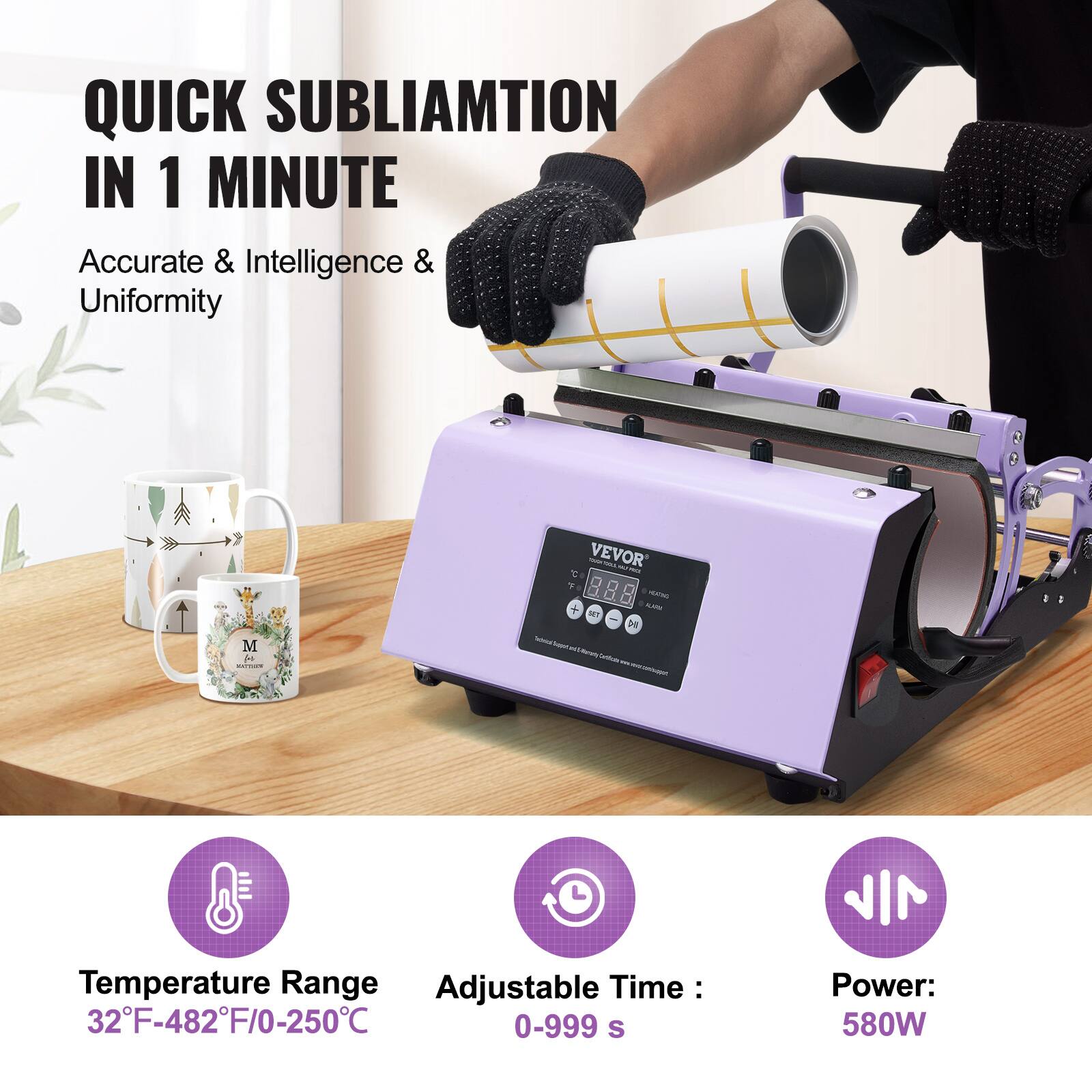 QUICK SUBLIMATION IN 1 MINUTE  
Accurate & Intelligence & Uniformity  

VEVOR CUD no. C AXIC. ALARM TM MI Technical Happenly REDDY Carbons  

Temperature Range Adjustable Time: 32F-482F/0-250C 0-999 S  
Power: 580W