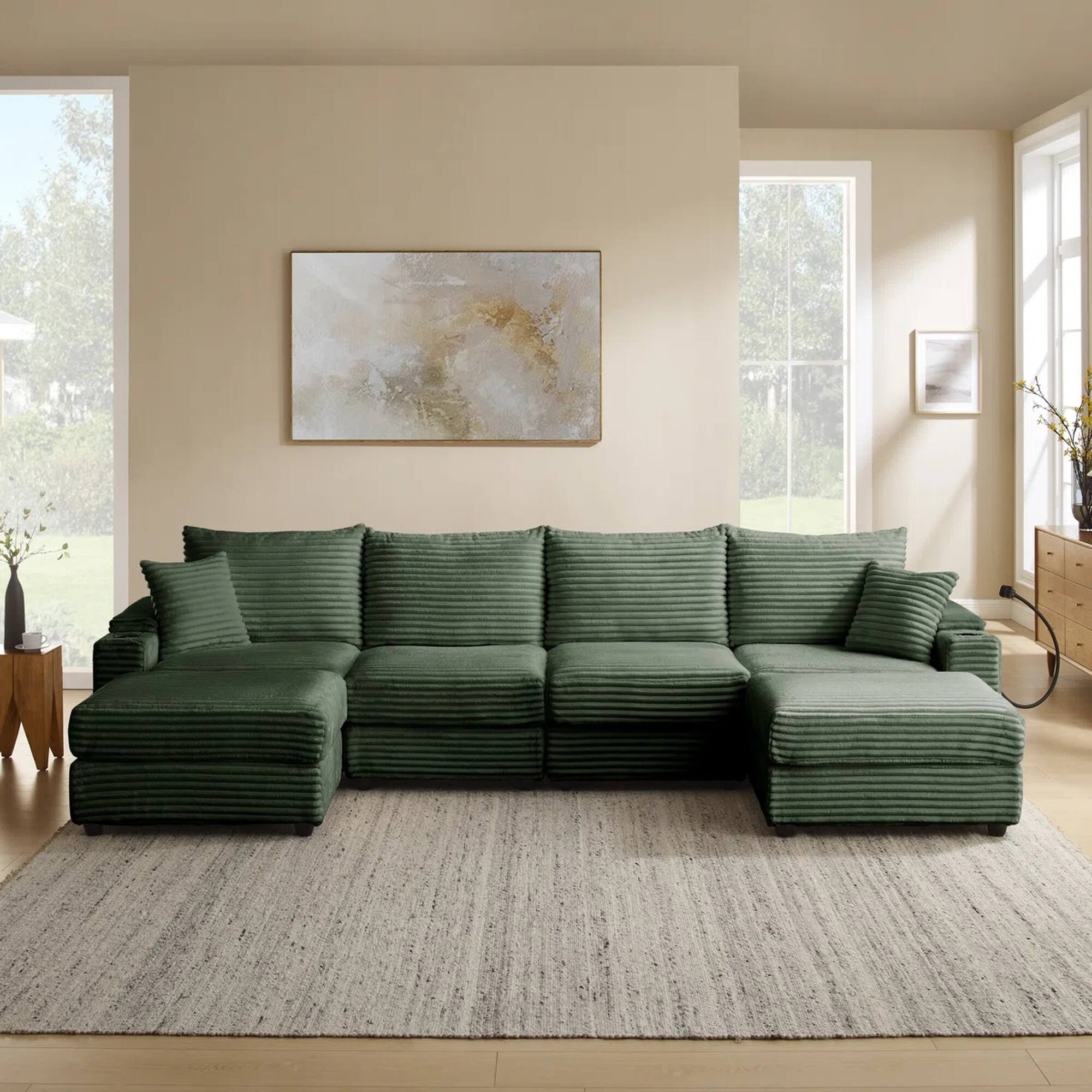 Left. Yardgrace - 6-Seater U-Shaped Corduroy Sofa with USB Charging, Phone Holders & Storage Armrests - Green.