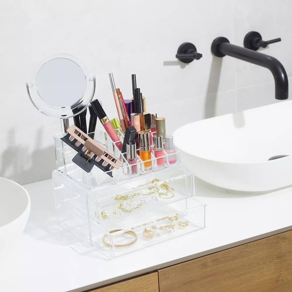 Angle. Elle - Clear Makeup Storage with Vanity Mirror, 15 Compartments & 2 Drawers, Acrylic Compact Organizer for Cosmetics & Jewelry - Clear.