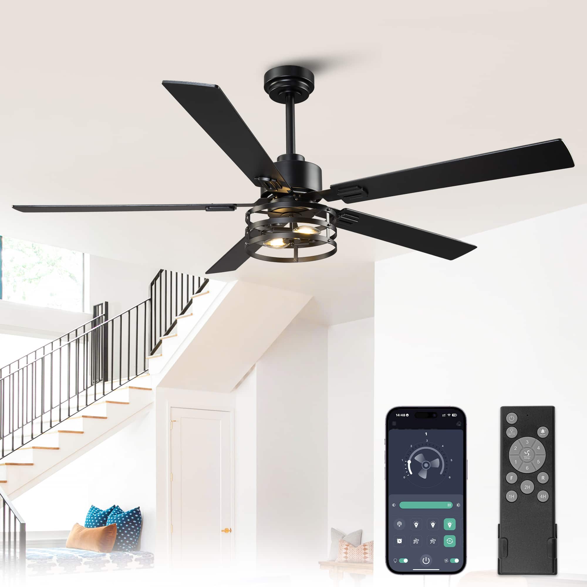 Front. Vaczon - 60" Smart Ceiling Fan with  App, Remote andReversible Blades - Matte Black.