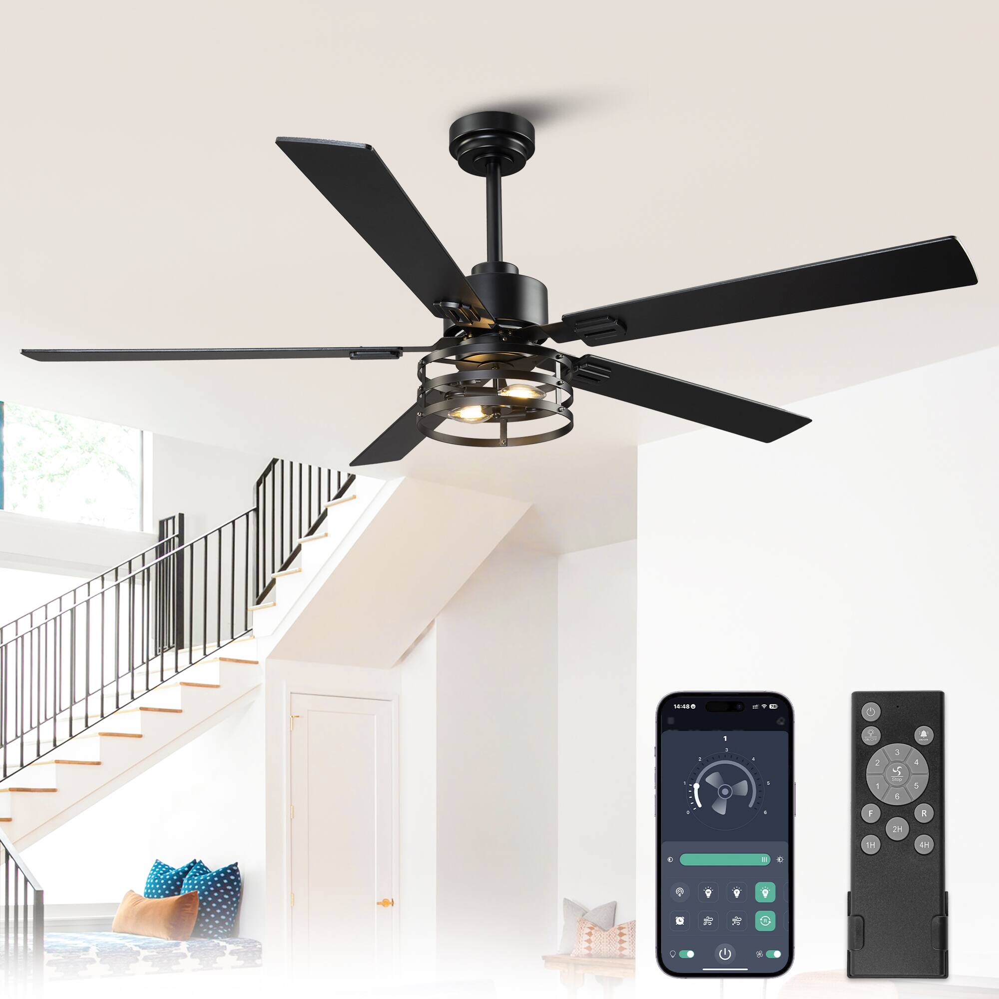 Front. Vaczon - 60" Smart Ceiling Fan with  App, Remote andReversible Blades - Matte Black.
