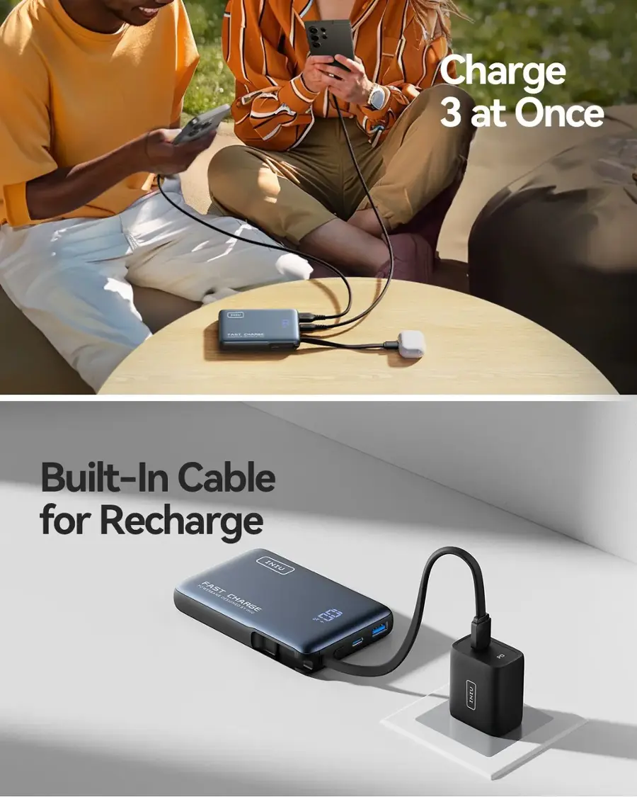 Charge 3 at once. Built-in cable for recharge.