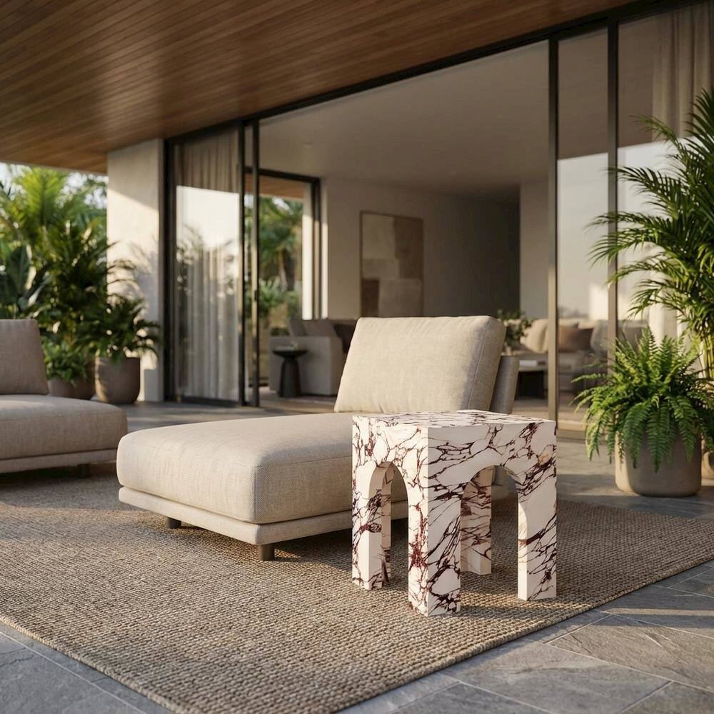 Angle. Outdoor Escape - Outdoor patio arched concrete side table with sturdy design for outdoor living - Red.