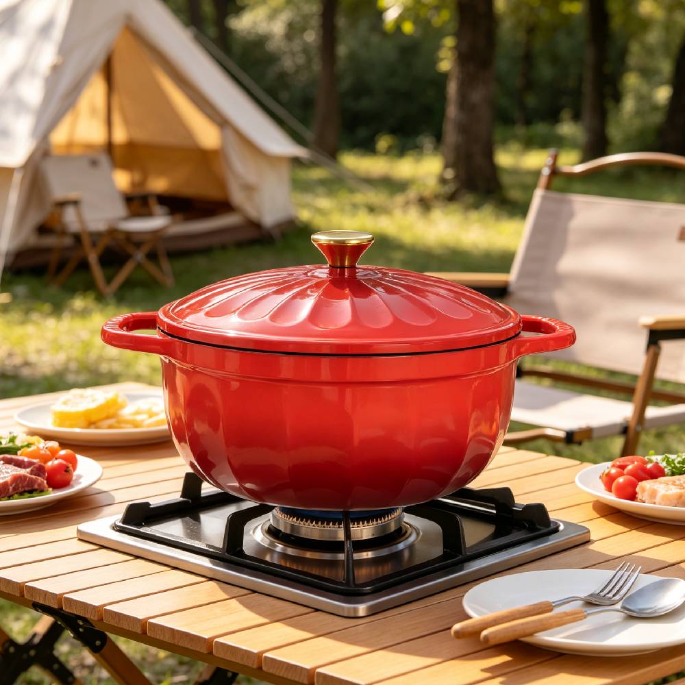 Alt View 8. Winado - 5 QT Enameled Cast Iron Dutch Oven with Gradient Petal Texture,Heat-Resistant Gloves, Pot Mat for Bread Baking, Roasting - Red.