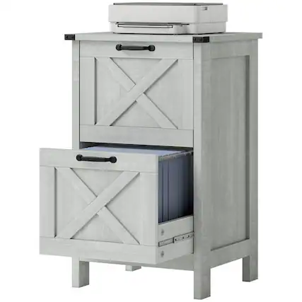 Front. HTUTWOO - Farmhouse Office Storage Cabinet - File Cabinet with 2 Drawers, Adjustable Bars for A4/Letter Files, Anti-Tipping Device - Gray.