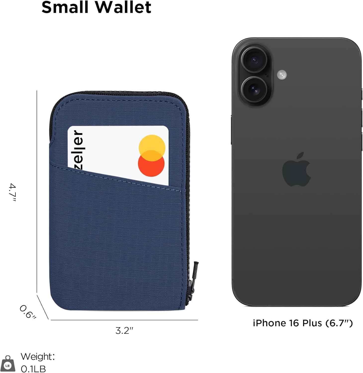 Small Wallet  
4.7" x 0.6" x 3.2"  
iPhone 16 Plus (6.7")  
Weight: 0.1LB
