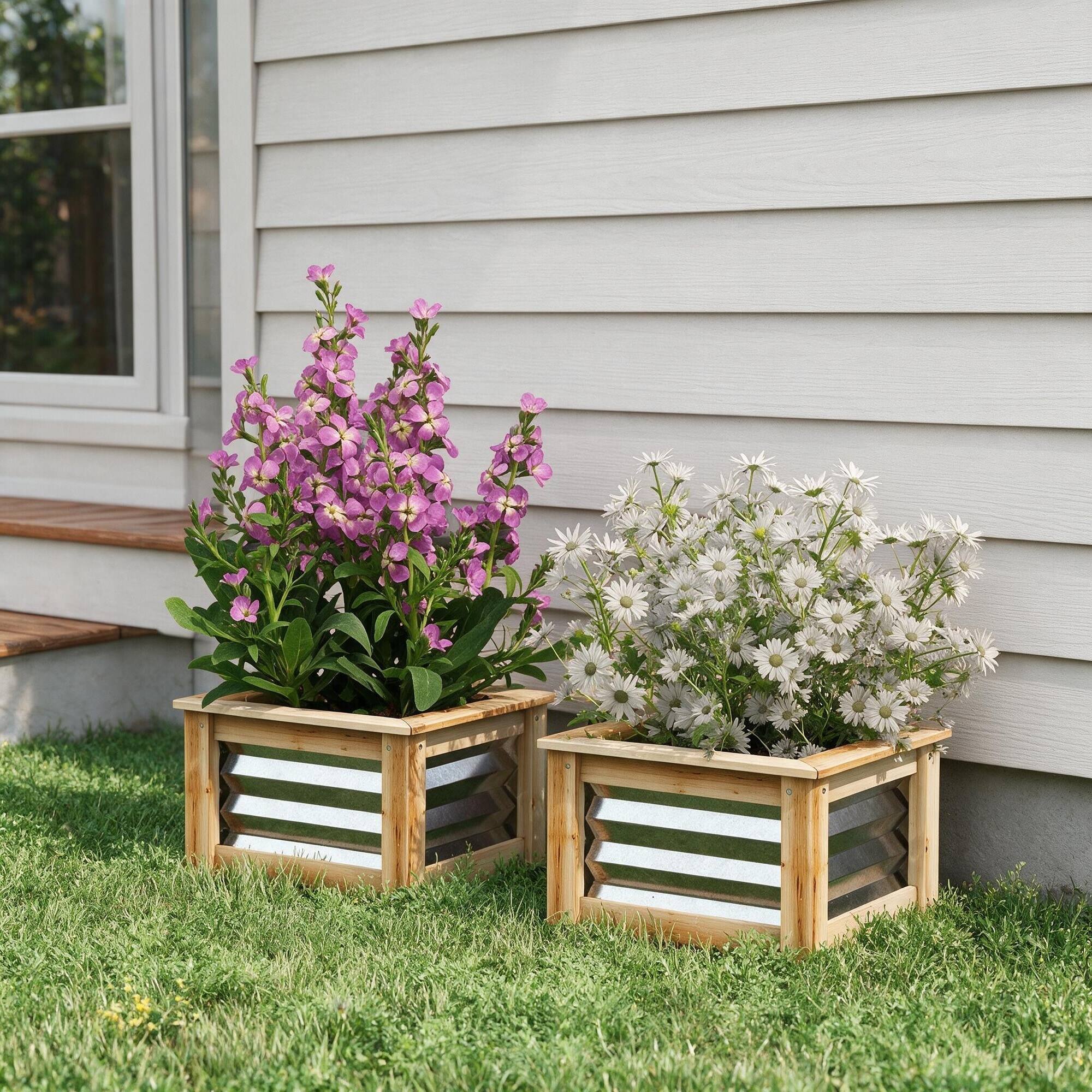Angle. RYHNUYNE - Raised Garden Bed Set of 2, Galvanized Metal Planter Box with Wood Frame, Outdoor Stock Tanks for Flowers, Herbs - Multicolor.