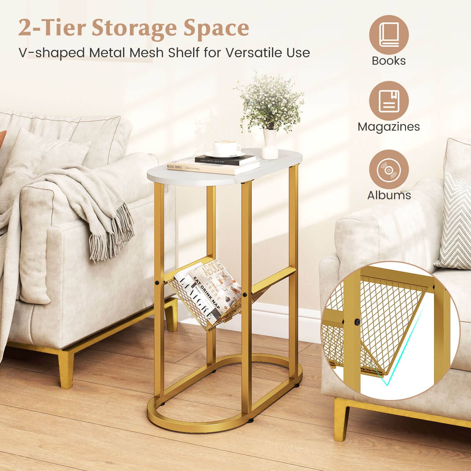 2-Tier Storage Space  
V-shaped Metal Mesh Shelf for Versatile Use  

Books  
Magazines  
Albums