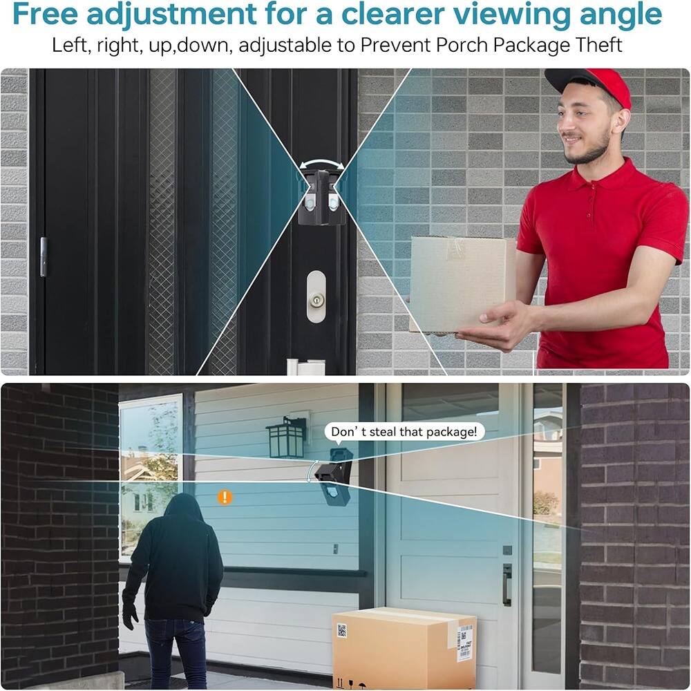 Free adjustment for a clearer viewing angle  
Left, right, up, down, adjustable to Prevent Porch Package Theft  

Don't steal that package!