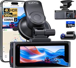 pelsee - 4K Dual Dash Cam Front/Rear, STARVIS 2, Full-Color Night Vision, 128GB Card, WiFi 6, ADAS, GPS, 24H Parking Mode - Black