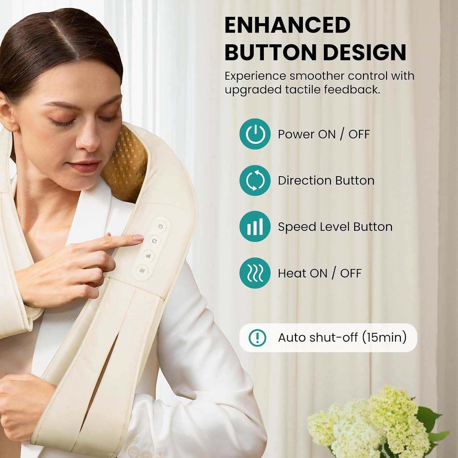 ENHANCED BUTTON DESIGN  
Experience smoother control with upgraded tactile feedback.

- Power ON / OFF
- Direction Button
- Speed Level Button
- Heat ON / OFF
- Auto shut-off (15min)