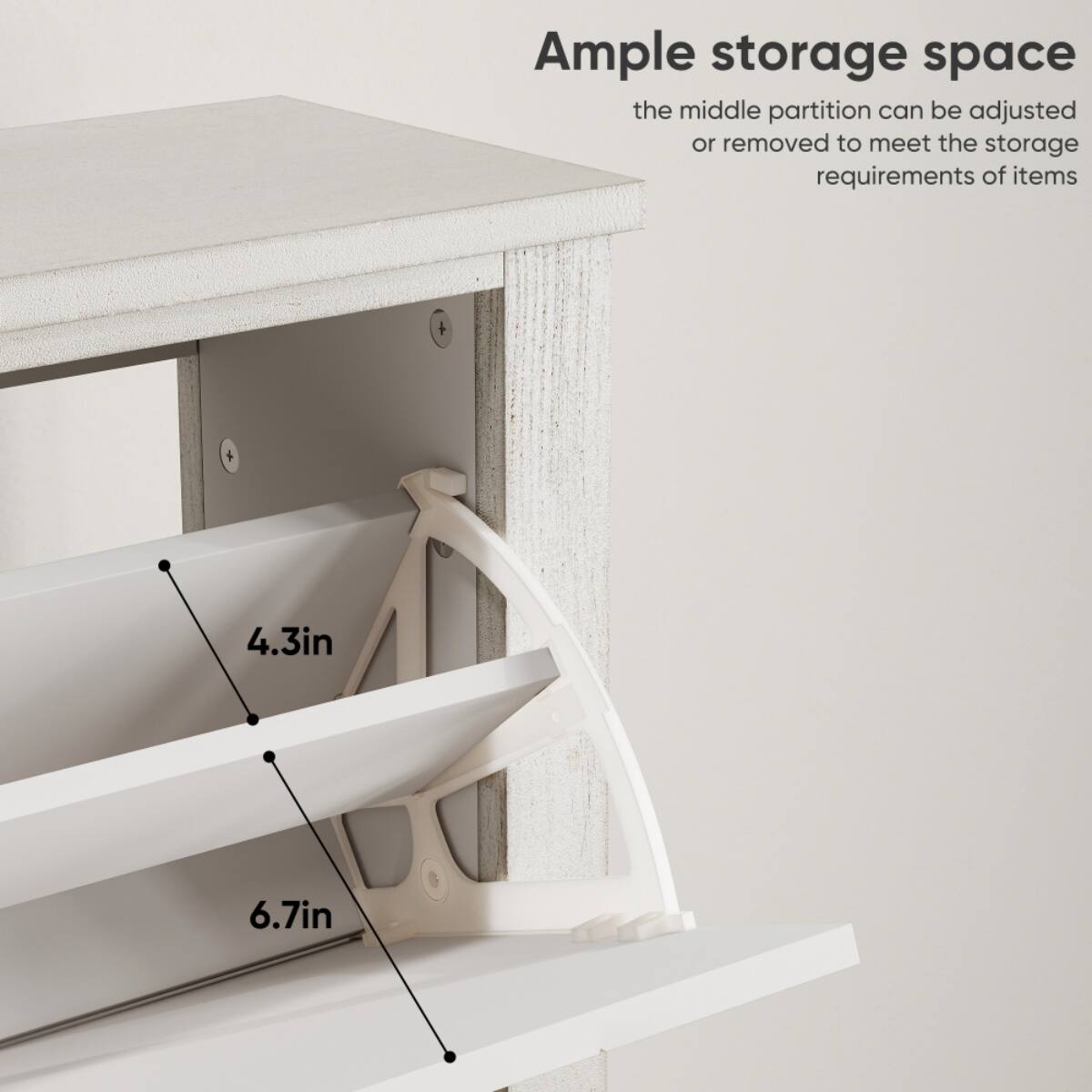 Ample storage space  
the middle partition can be adjusted or removed to meet the storage requirements of items  

4.3in  
6.7in
