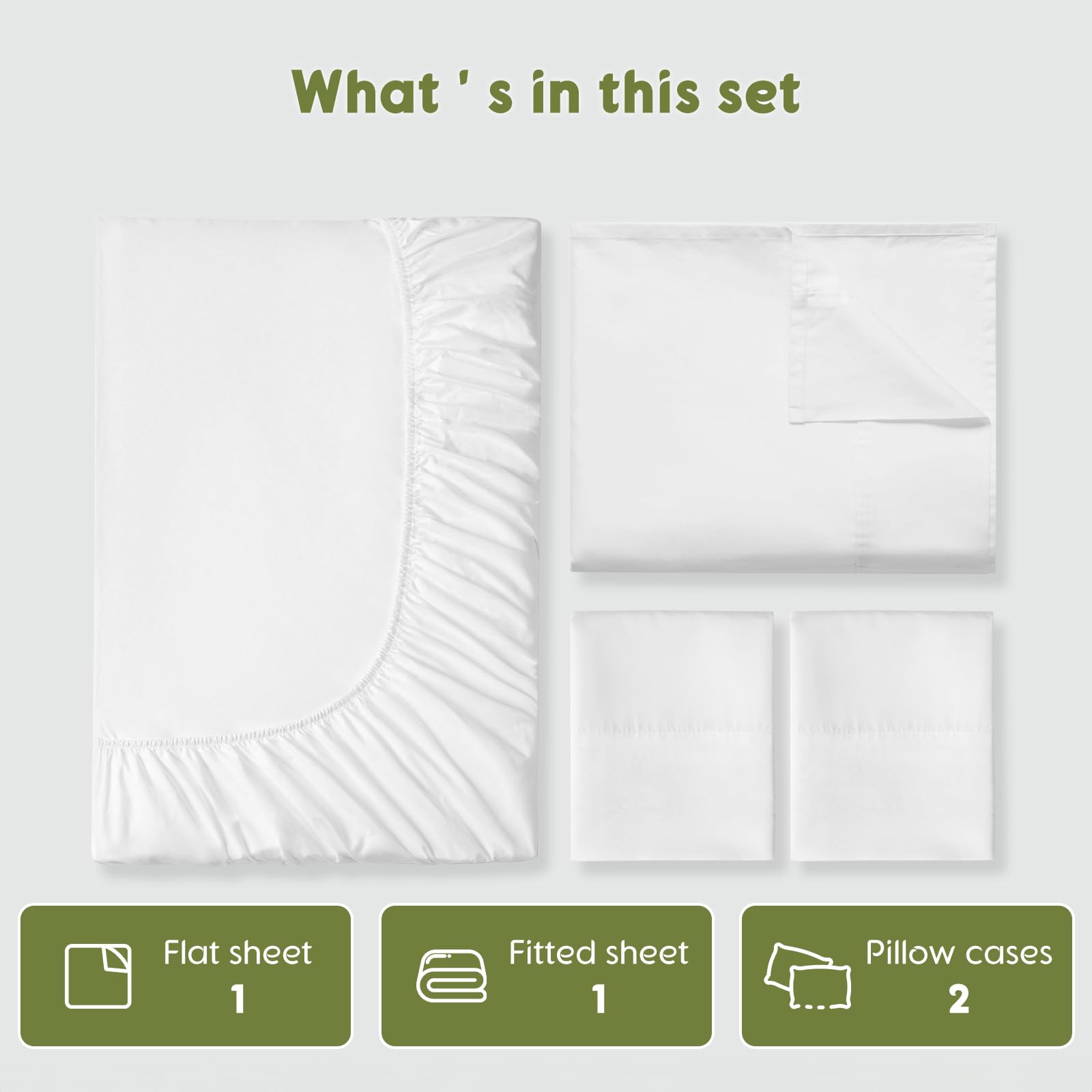 What's in this set

- Flat sheet 1
- Fitted sheet 1
- Pillow cases 2