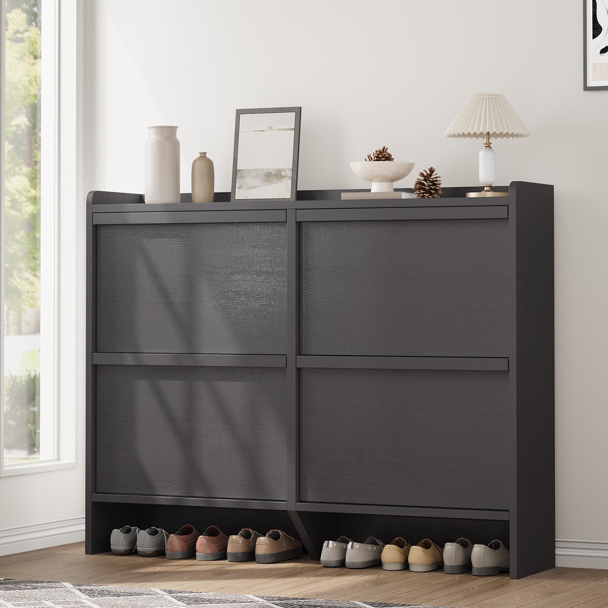 Front. Jojoka - Wooden Shoe Cabinet with 4 Flip Drawers - Space-Saving Design, Adjustable and Removable Shelf, Ample Storage Space - Black.