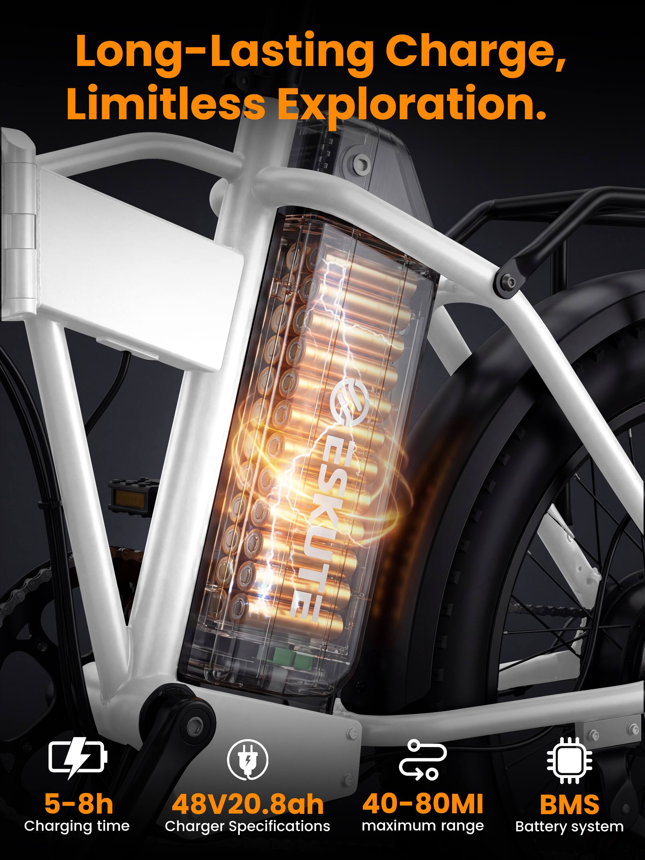 Long-Lasting Charge, Limitless Exploration.

ESKUTE

5-8h Charging time  
48V20.8ah Charger Specifications  
40-80MI maximum range  
BMS Battery system