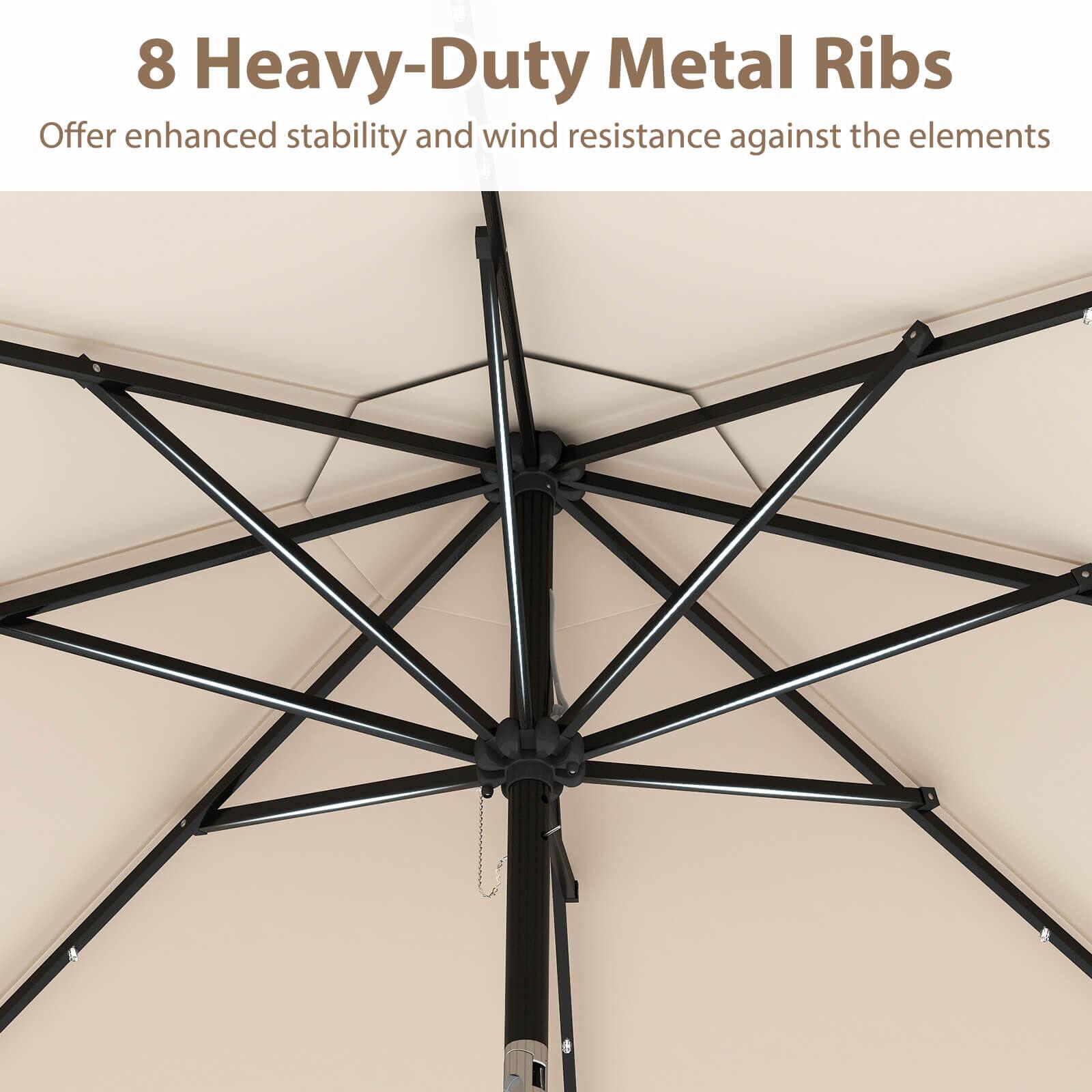 8 Heavy-Duty Metal Ribs  
Offer enhanced stability and wind resistance against the elements