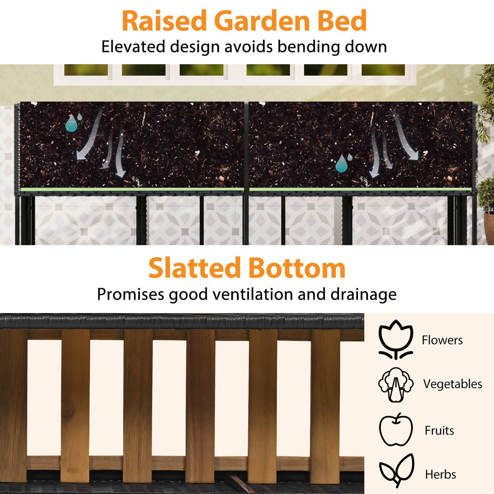 The image features a side-by-side comparison of two types of garden beds: a raised garden bed and a slatted bottom garden bed. The raised garden bed is designed to avoid bending down, providing better ventilation and drainage. The slatted bottom garden bed promises good ventilation and drainage as well. The image also includes icons of flowers, vegetables, fruits, and herbs, indicating that these garden beds can accommodate a variety of plants.