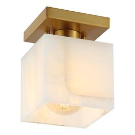 Jonathan Y - Alessia 5" 1-Light Modern Contemporary Alabaster/Iron Cube LED Semi Flush Mount - White Marbling/Brass Gold