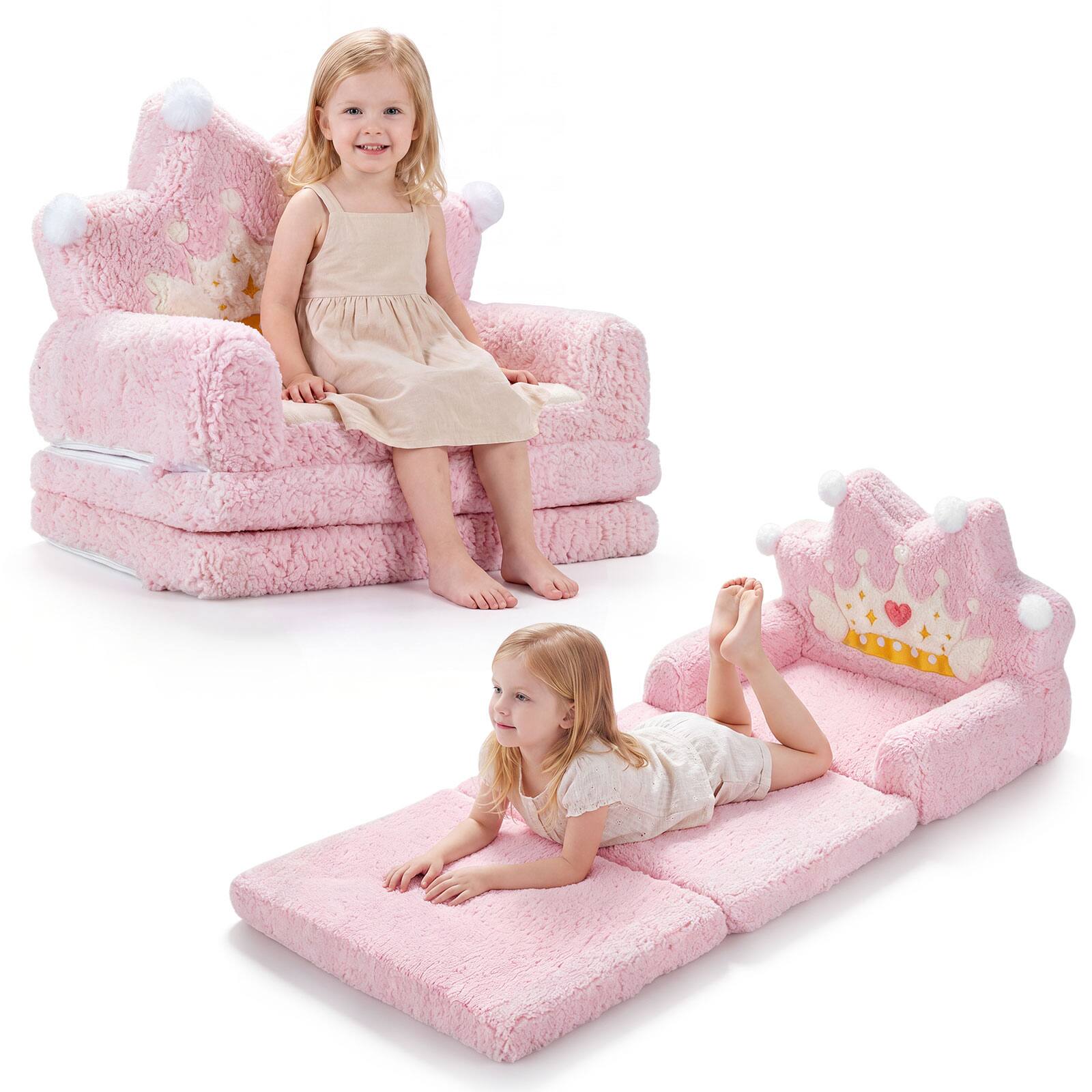 Alt View 9. Costway - Costway 2-in-1 Foldable Kids Sofa Bed Convertible Lounger with Crown Printed Designs Pink Crown - Pink Crown.