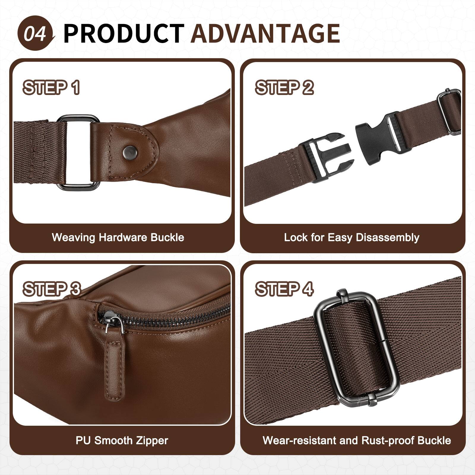 04 PRODUCT ADVANTAGE

STEP 1
Weaving Hardware Buckle

STEP 2
Lock for Easy Disassembly

STEP 3
PU Smooth Zipper

STEP 4
Wear-resistant and Rust-proof Buckle
