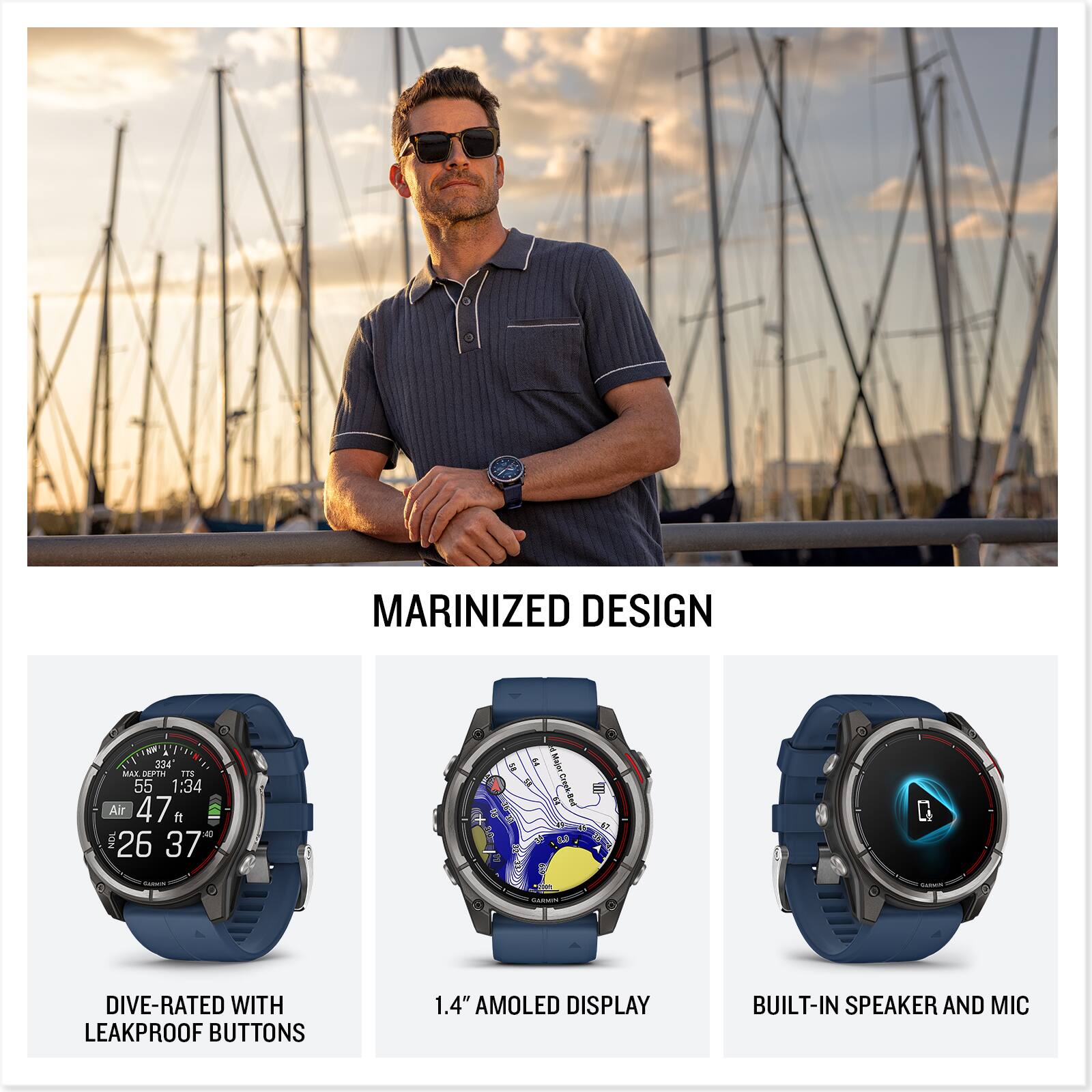 MARINIZED DESIGN

1. 1.4" AMOLED DISPLAY
2. DIVE-RATED WITH LEAKPROOF BUTTONS
3. 1.15" 55 1:34 Air 47 ft a 26 37 H I Coprk a S D C D
4. Built-in speaker and mic
5. 1.34" 55 1:34 Air 47 ft a 26 37 H I Coprk a S D C D