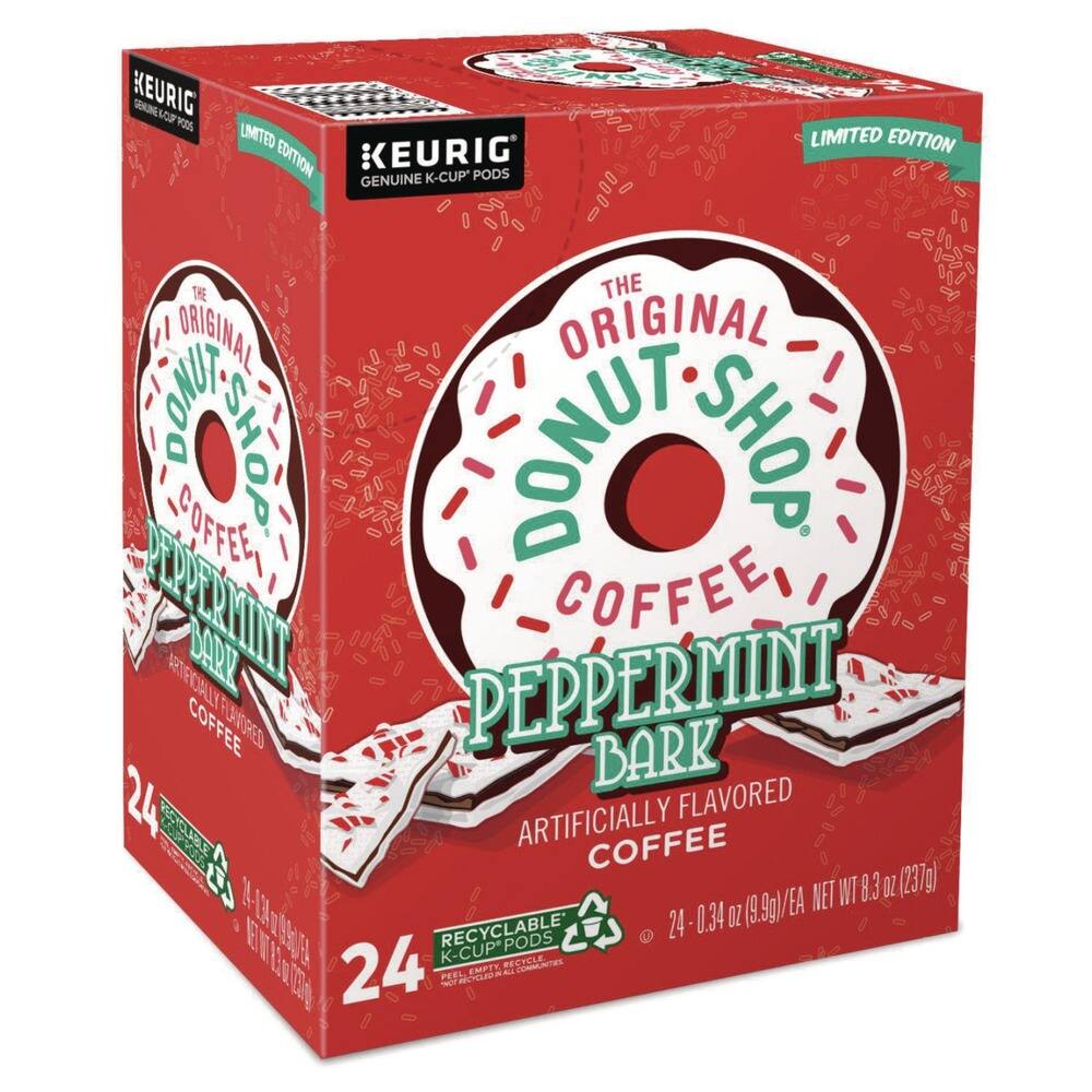 KEURIG SRNNE VOP PO0S LIMITED EDITION KEURIG GENUINE K-CUP PODS THE ORIGINAL DONUT SHOP COFFEE PEPPERMINT BARK ARTIFICIALLY FLAVORED COFFEE 24 PODS (9.9g/EA NET WT 8.3 OZ (237g) -12m4805 24 0.34 OZ RECYCLABLE K-CUP PODS 1 1 K CUP EMPTY FECYCLE PEEL BECCED