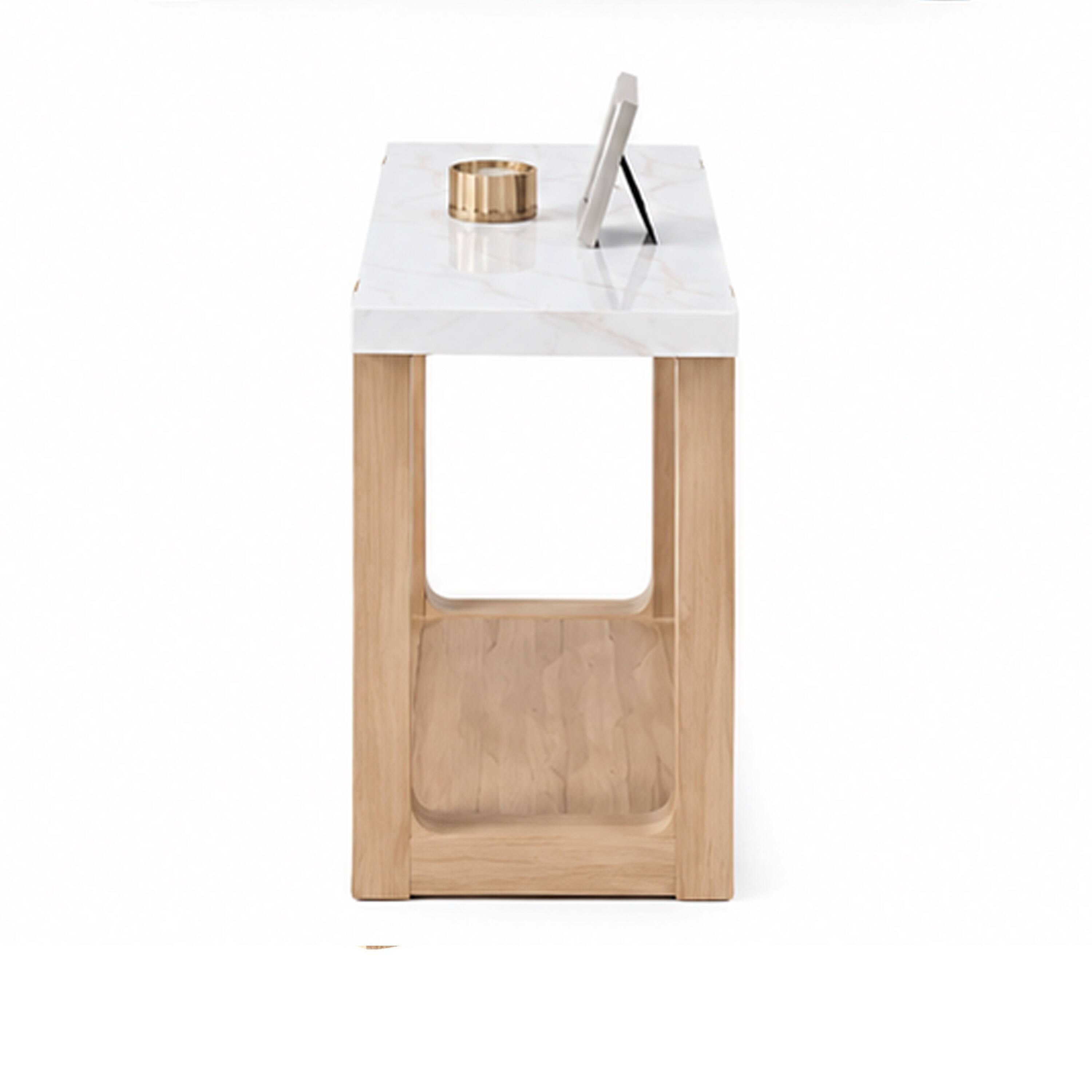 Left. Manhattan Lane - Sane Sofa Console Table, 50 Inch  Faux Marble Top with Shelf, - White, Natural Brown.