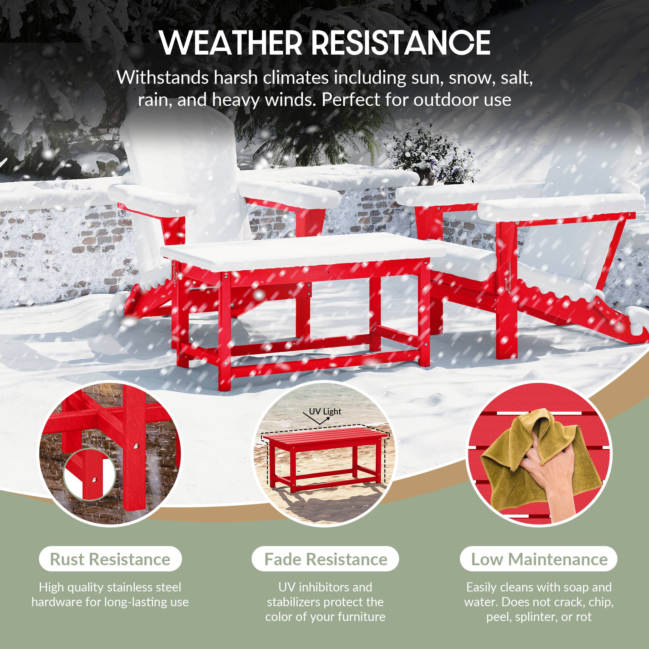 WEATHER RESISTANCE  
Withstands harsh climates including sun, snow, salt, rain, and heavy winds. Perfect for outdoor use.

- Rust Resistance  
  High quality stainless steel hardware for long-lasting use

- Fade Resistance  
  UV inhibitors and stabilizers protect the color of your furniture

- Low Maintenance  
  Easily cleans with soap and water. Does not crack, chip, peel, splinter, or rot