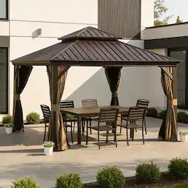 Mondawe - 13x13FT Outdoor Gazebo,Galvanized Steel Double Roof,Curtains and Netting Included - Dark Brown