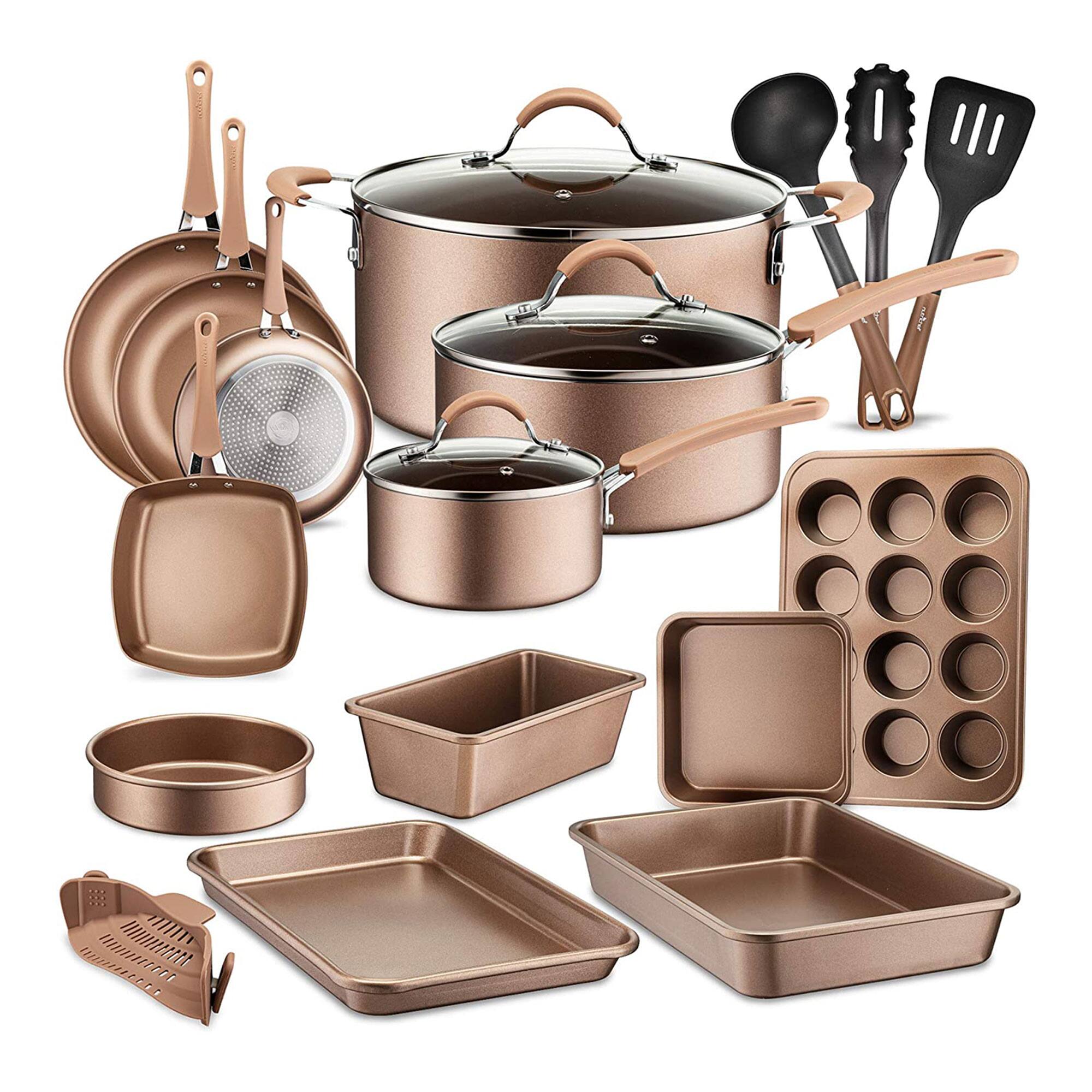NutriChef - Nonstick Cooking Kitchen Cookware Pots and Pans, 20 Piece Set, Bronze - Matte Gold