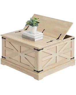 Glintex - Rattan Coffee Table 32 in, Rectangle Woven Center Table with MDF Top and Storage Shelf for Living Room - Natural