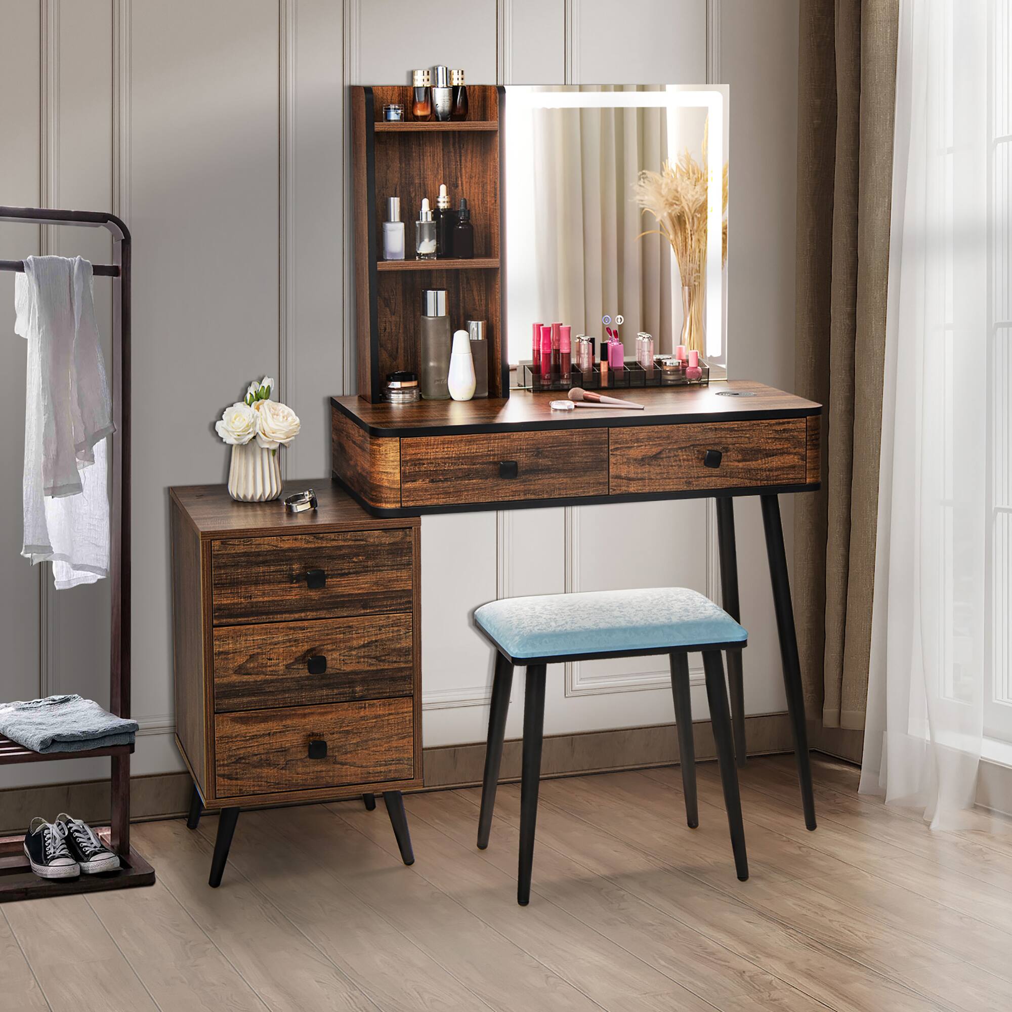 Alt View 2. Costway - Costway Vanity Set with Dimmable Lighted Mirror 3 Lighting Modes - Brown.
