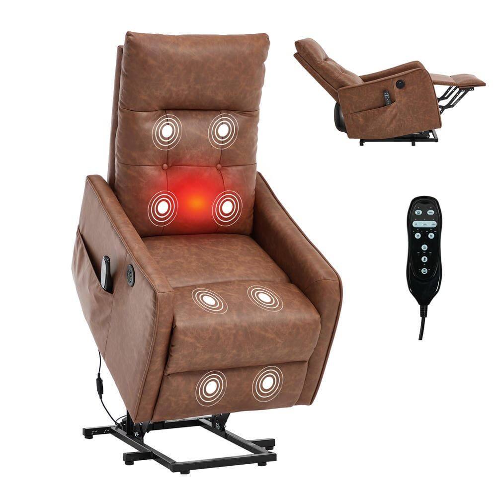 Angle. Kadyn - Power Lift Recliner Chair, Single Motor Massage & Heat, USB Port, 155° Recline, PU Leather, Brown - Brown.