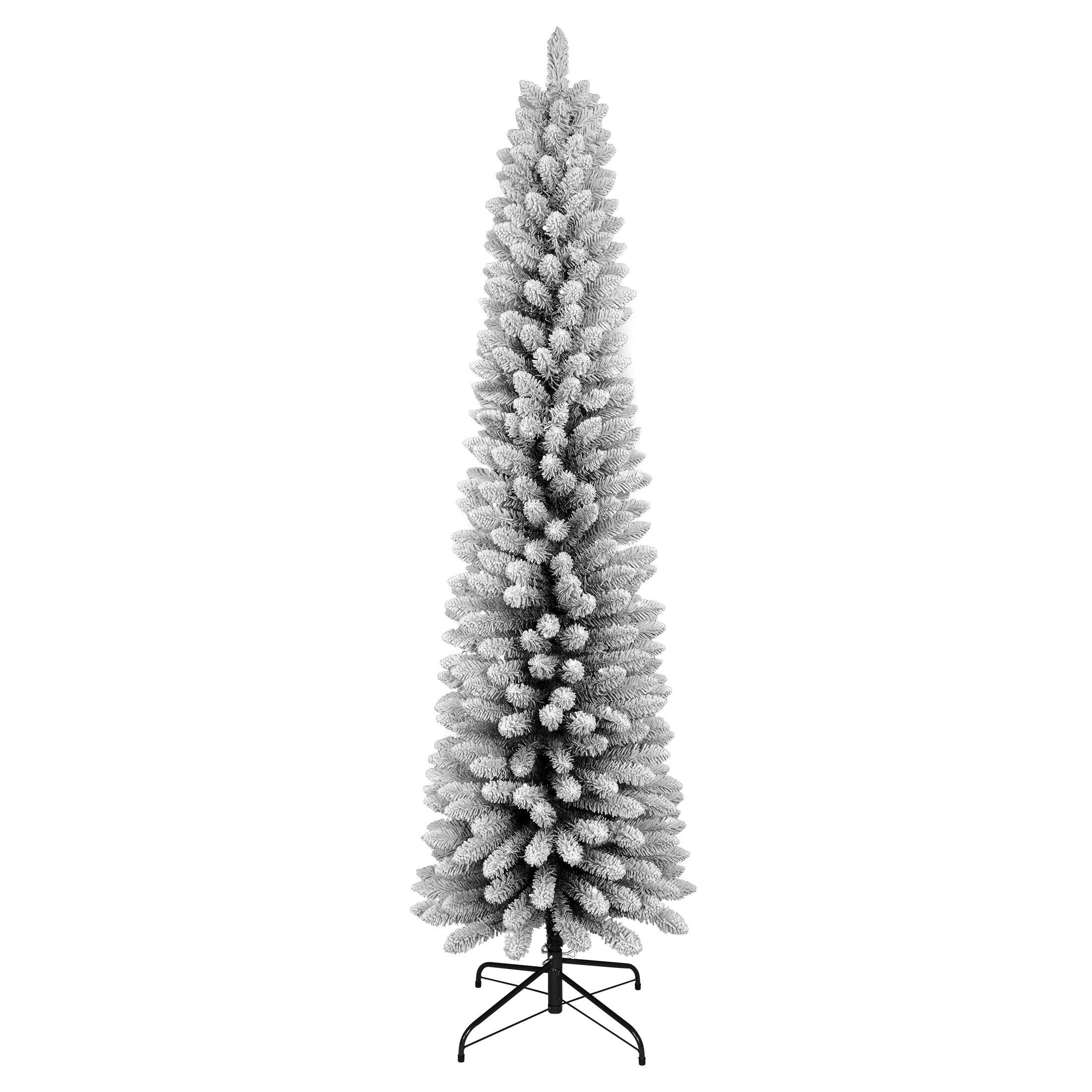 Front. BreeBe - 7FT Flocked Pencil Christmas Tree Slim PVC Tree with 469 Snowy Tips - Green,White.