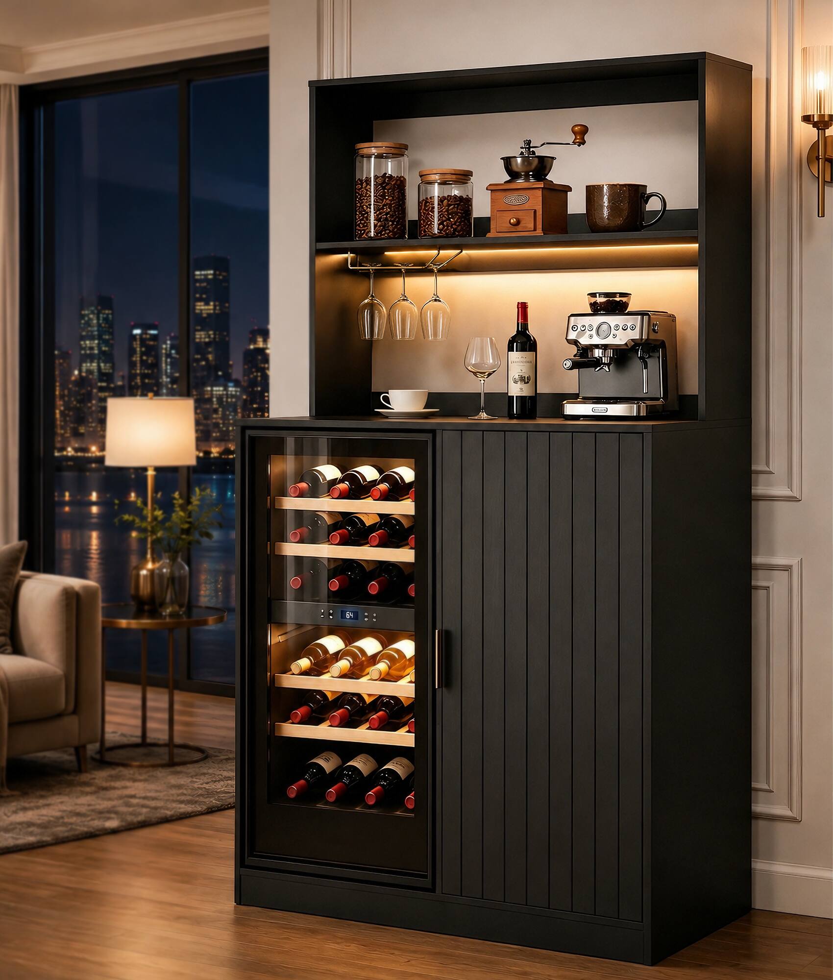 Alt View 8. Skyzoo - Skyzoo Modern Mini Fridge Cabinet, LED Lighted Coffee Bar with Power Outlet, Countertop Home Bar Cabinet for Home - Black.