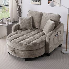 Loheer - Brown Corduroy Two-Seater Sofa with Storage Footrest and Pillows - Brown