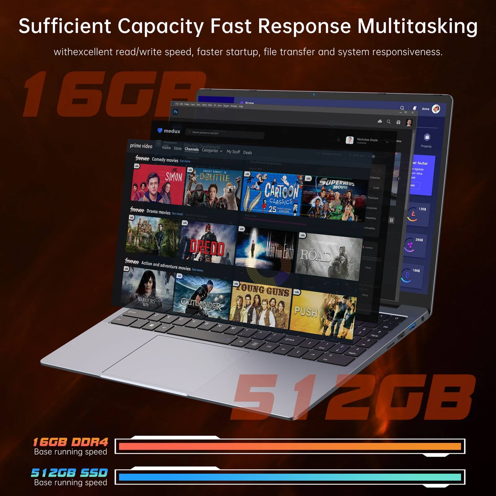 Sufficient Capacity Fast Response Multitasking with excellent read/write speed, faster startup, file transfer and system responsiveness.

16GB DDR4 Base running speed

512GB SSD Base running speed

- Prime Video
- Doctor Dashboard
- Channels
- Categories
- My Stuff
- Comedy movies
- Drama movies
- Action and adventure movies
- Cartoon Classics
- Superhero Movie
- Road
- Young Guns
- Outlander
- Push