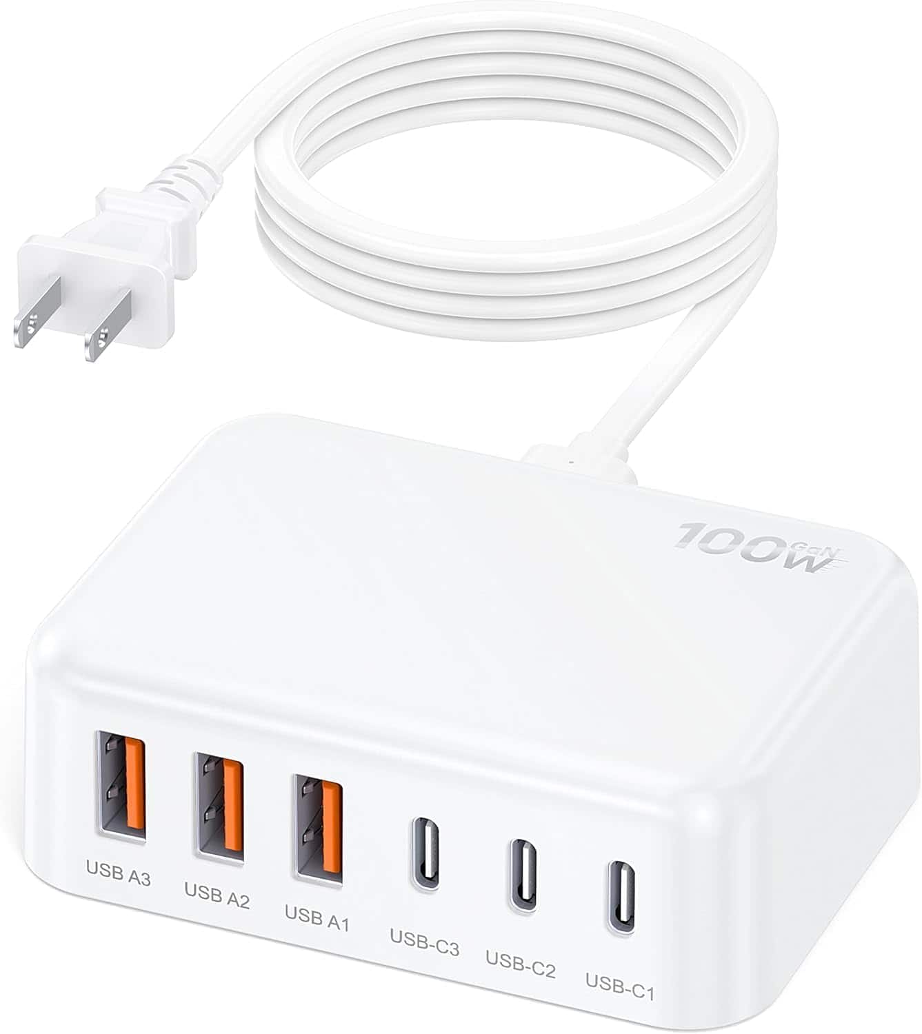 Core Tech - 100W GaN 6-Port USB-C Charging Station with PD Fast Charging and 5 ft Extension Cord - Black