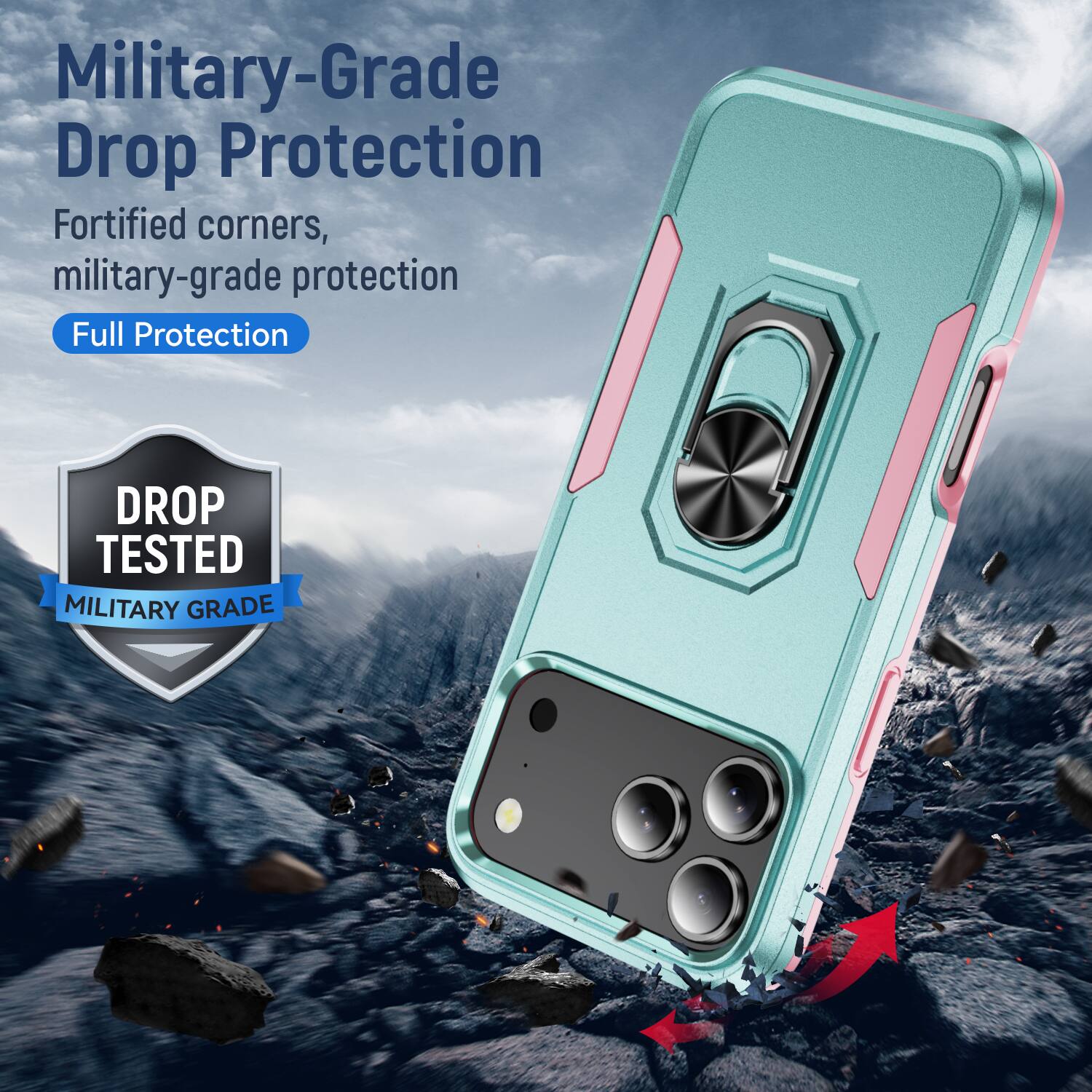 Military-Grade Drop Protection  
Fortified corners, military-grade protection  
Full Protection  

DROP TESTED  
MILITARY GRADE