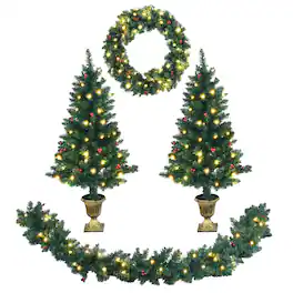 Costway - 4pcs Pre-lit Christmas Decoration Set w/ Garland Wreath & Entrance Trees - Green