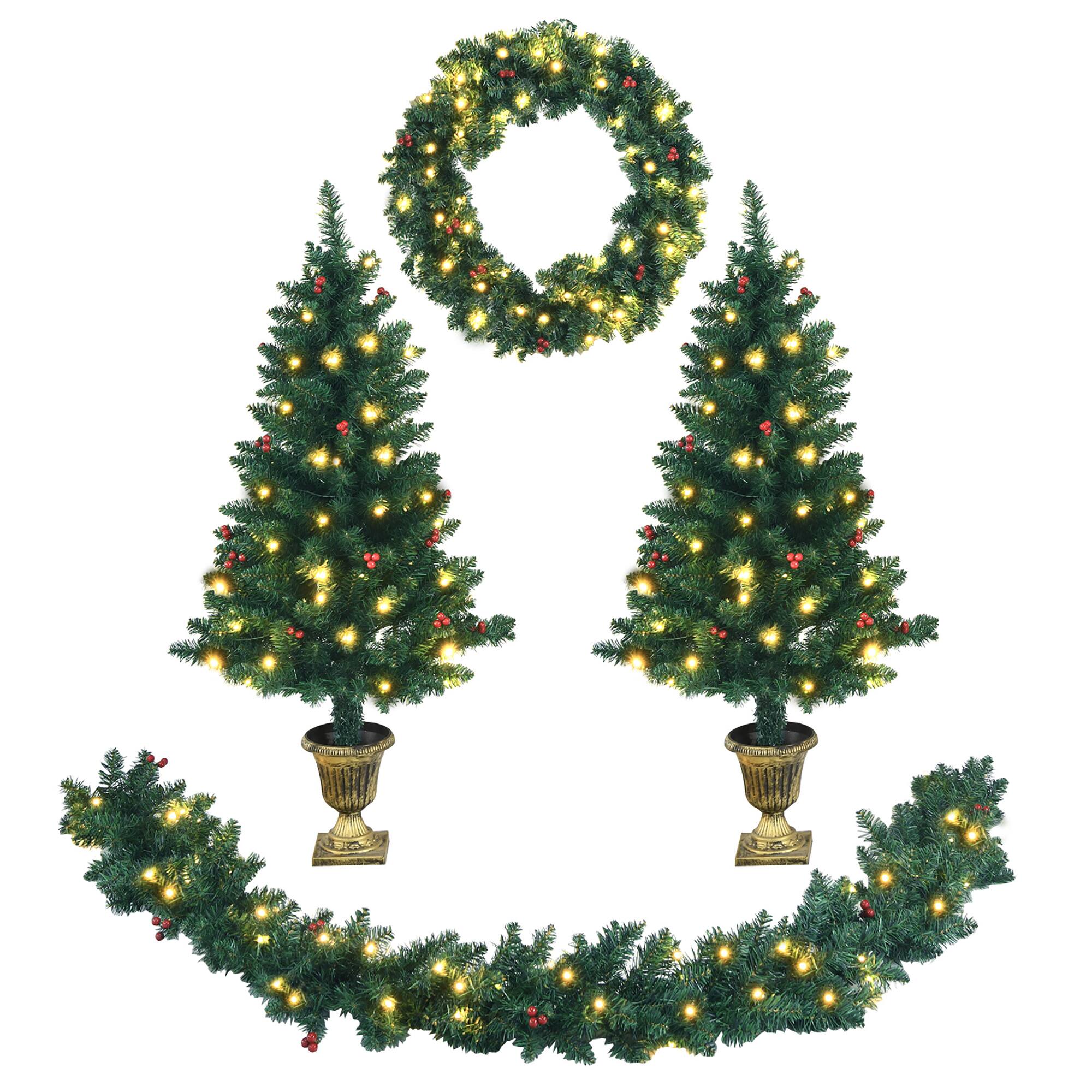 Costway - 4pcs Pre-lit Christmas Decoration Set w/ Garland Wreath & Entrance Trees - Green