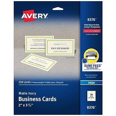 AVERY  
8376  
Free Easy-to-Use Avery Templates  
avery.com/templates  

SURE FEED TECHNOLOGY  
Micro-perforated for easy feeding and handling  

250 cards + Heavyweight 300 gsm cover, 216 g/m²  
Matte Ivory Business Cards  
2" x 3 1/2"  

BACCATE BAKERY  
COOKIES & CAKES FOR SALE  
WWW.BACCATEBAKERY.COM  

Inkjet  
10