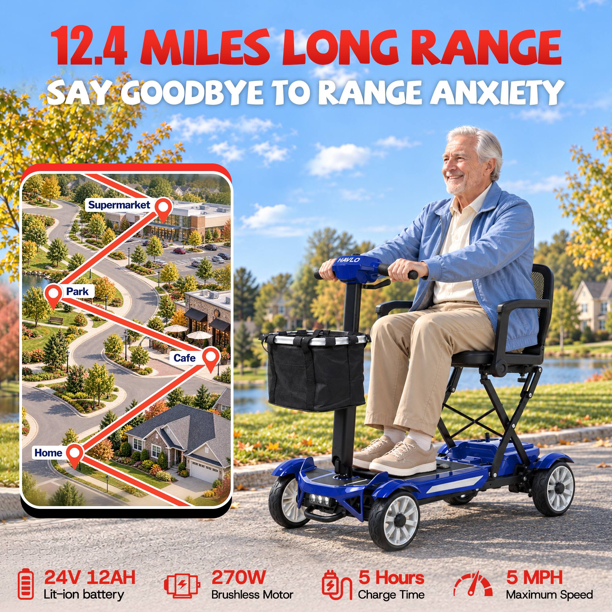 12.4 MILES LONG RANGE SAY GOODBYE TO RANGE ANXIETY

Supermarket
Park
Cafe
Home

24V 12AH Lit-ion battery
270W Brushless Motor
5 Hours Charge Time
5 MPH Maximum Speed