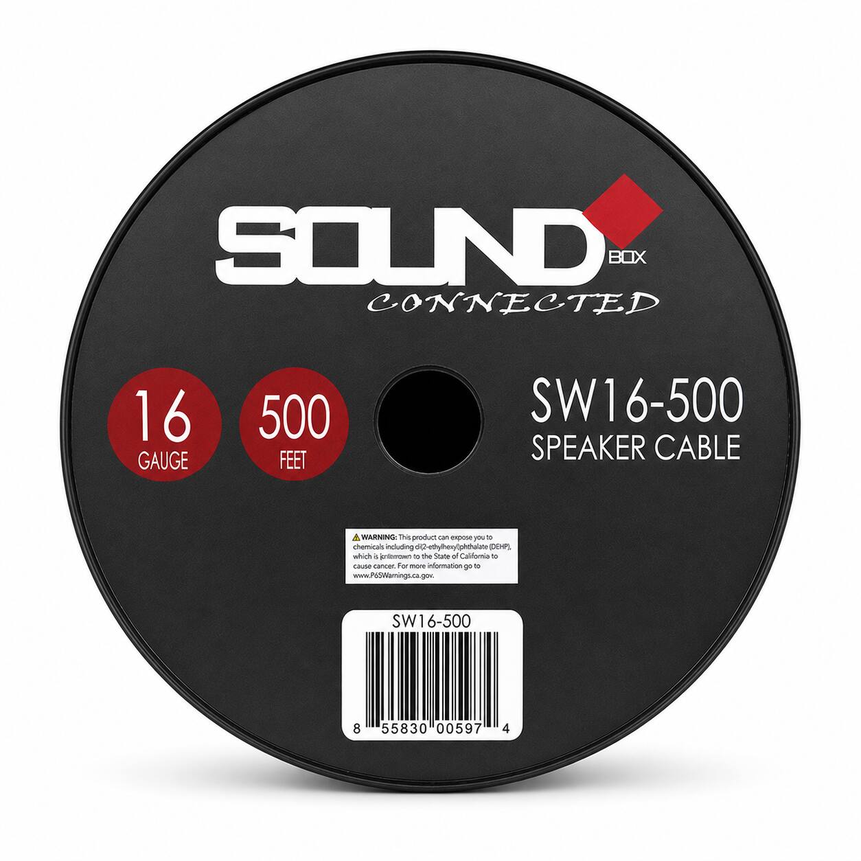 SOUND BOX CONNECTED  
16 GAUGE  
500 FEET  
SW16-500 SPEAKER CABLE  
WARNING: This product can expose you to chemicals including dip ethythexy(phthalate (DEHP), which is known to the State of California to cause cancer. For more information go to www.PBSWarnings.ca.gov.  
SW16-500  
8 55830 00597 4