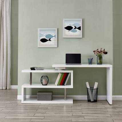 Front. TinyHomie - Yates Multifunctional Corner L Desk with Shelves - White.