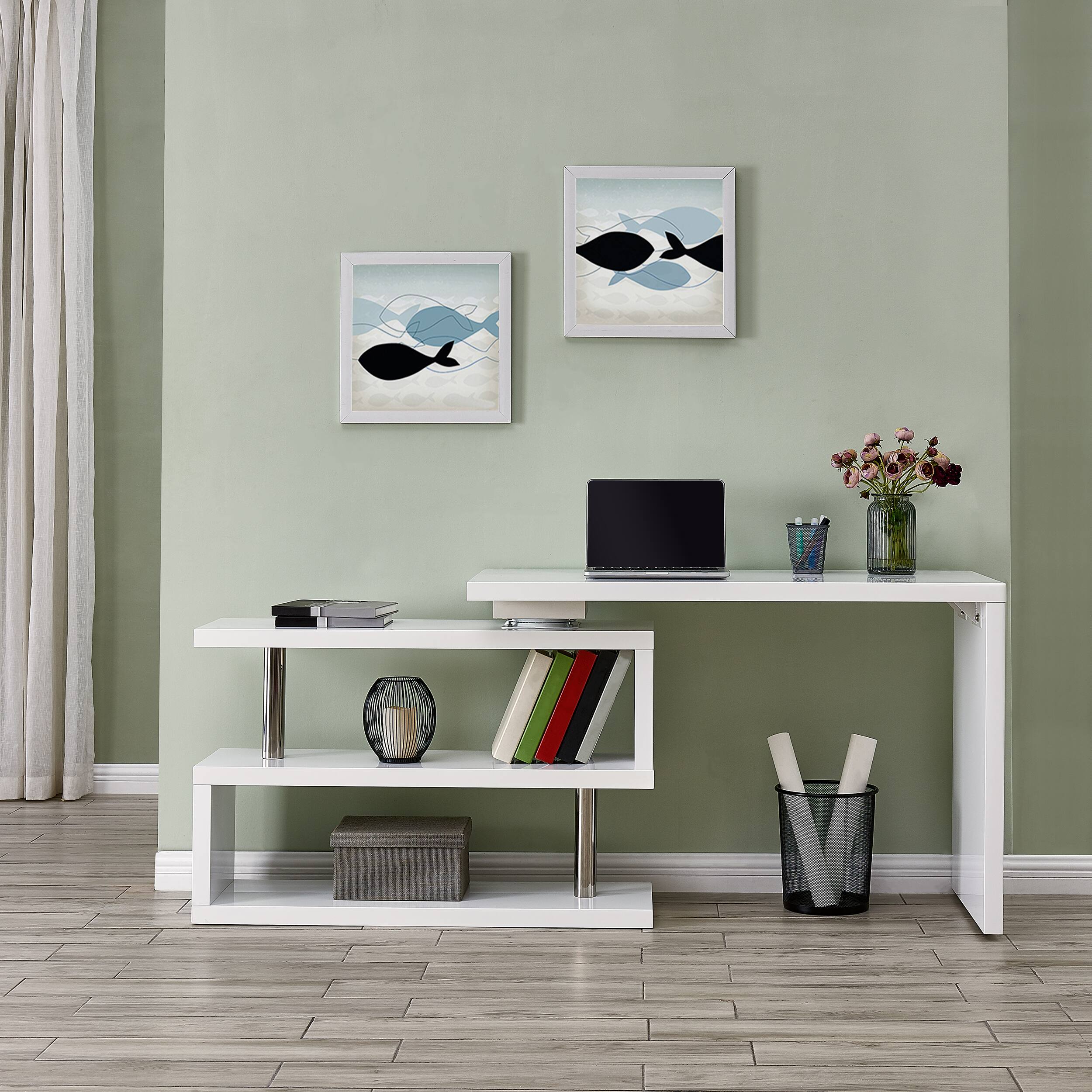Front. TinyHomie - Yates Multifunctional Corner L Desk with Shelves - White.