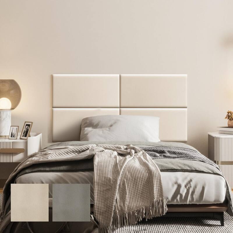 Front. wowmax - Peel & Stick Faux Leather Headboard - Waterproof 3D Wall Panel for Twin Bed, 23.6x11.8", Beige (1-Pack) - Beige.