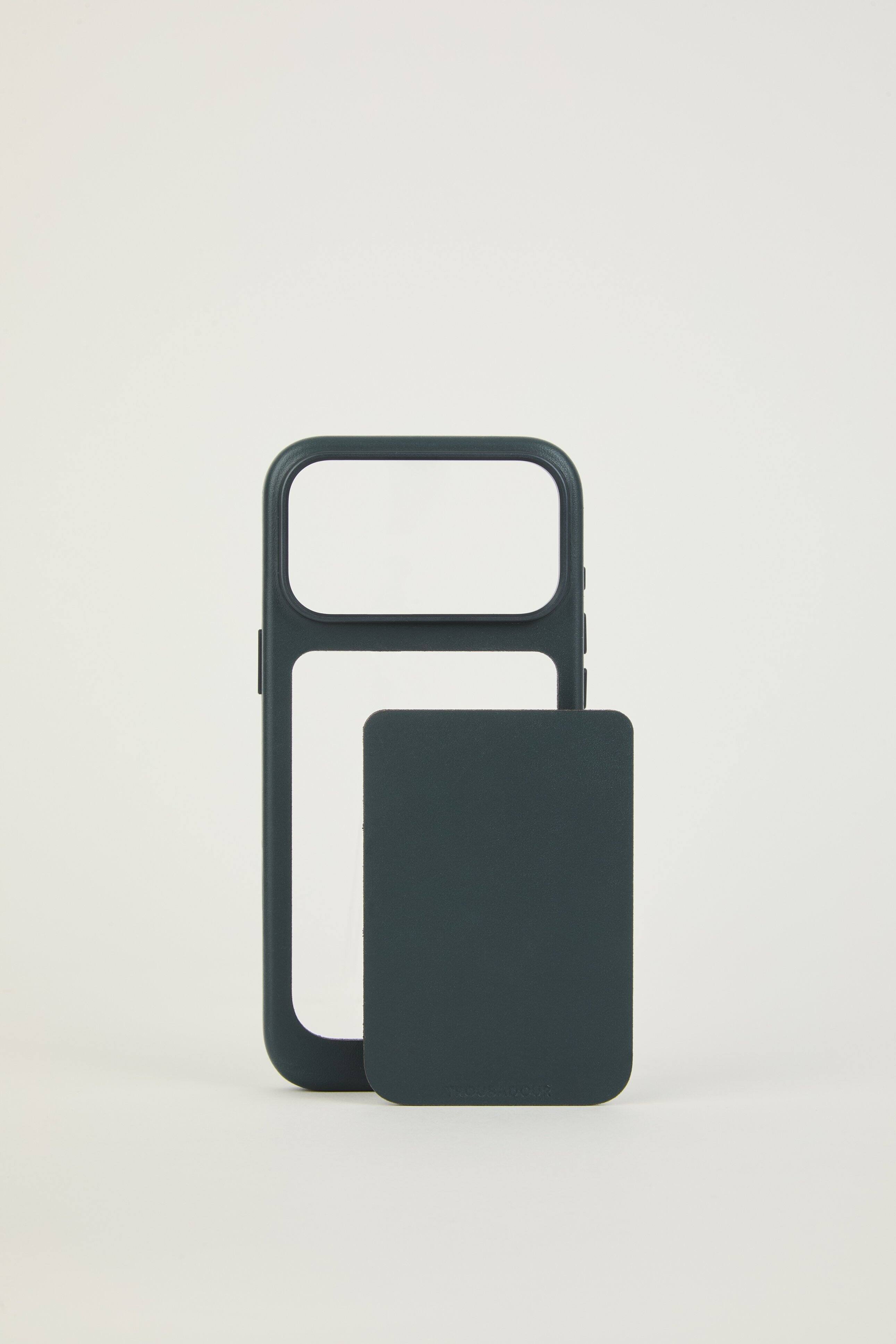 Left. Troubadour - iPhone 18 Pro Max Modular Leather Case - Obsidian Green.